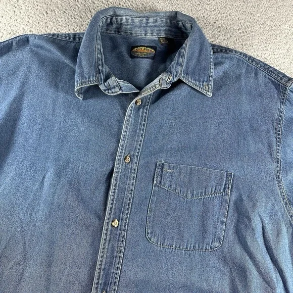 VINTAGE Chambray Shirt Mens XLT Blue Button Up Short Sleeve Sandy River Pocket - Picture 2 of 8